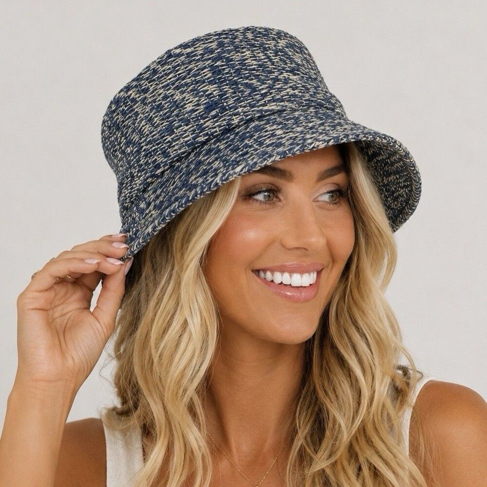 Anthropologie Four Buttons Blue Straw Bucket Hat NWT One Size Boho Beach